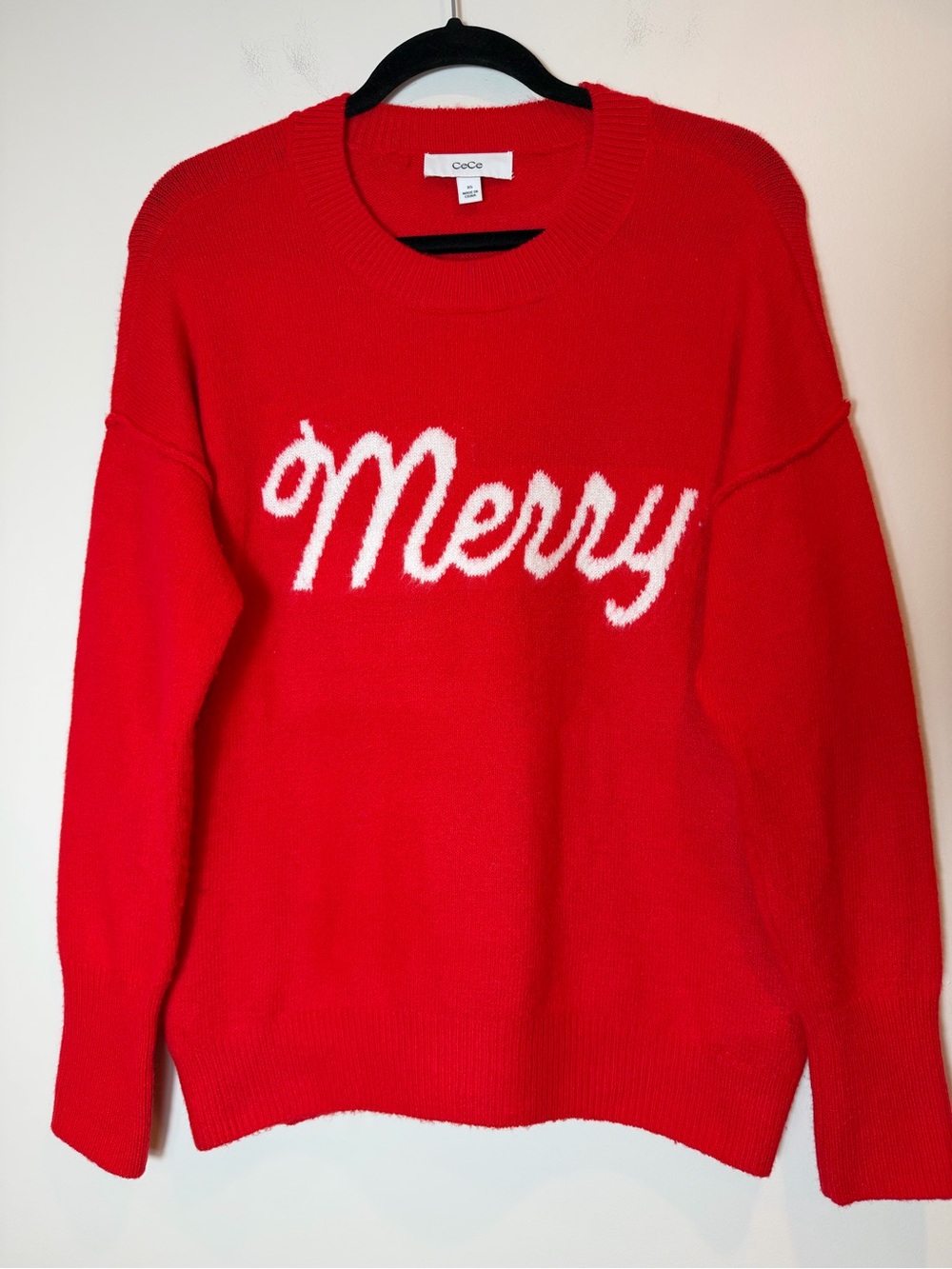 CeCe Red "Merry" Script Oversized Holiday Graphic Crewneck Sweater Size XS